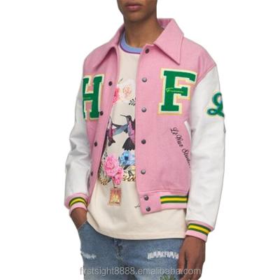 China QUICK DRY custom made square collar OEM chenille embroidery pink sleeve letterman varsity leather jacket for men for sale