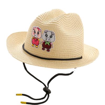 China Wholesale Kids Straw Hats Boys Sunshade Cowboy Sun Hat Cartoon Pig Kid Summer Beach Striped Beach Hat for sale