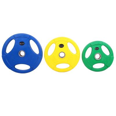 China Good Quality Universal Rubber Liner Dish Three Hole Gym Barbell Weight Bumper Plate for sale