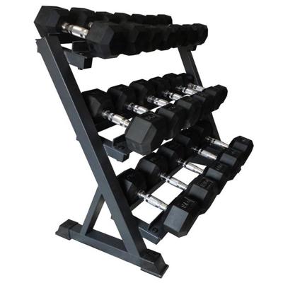 China Weight Indoor Wholesale Home Gym Stand Up Commercial Hex Dumbbell Three Layers Dumbbell Rack for sale