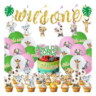 China WILD Festival Decoration Jungle Forest Animal Children Birthday Party Balloon Banner Cake ONE Insert Wild Party Decorations Set Spiral Shower for sale