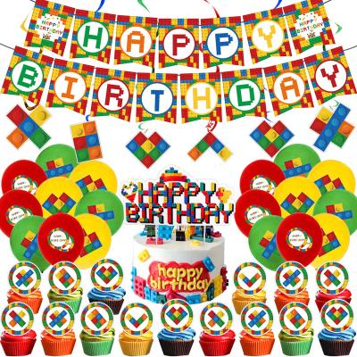 China Festival Decoration Building Block Toy Party Banners Spiral Party Balloons Cake Inserts Children's First Birthday Party Decorations for sale