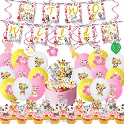 China Jungle TWO Wild Forest Animal Kids Birthday Party Decoration Cake Banner Air Insert Spiral WILD Ball Set Shower Supplies for sale