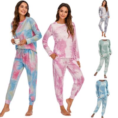 China Breathable Women Tie Dye Two Piece Pajamas Set Long Sleeve Sweatshirt With Long Pants Christmas Sleepwear Set for sale