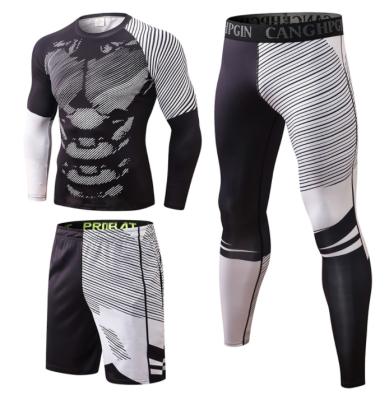 China Breathable T-shirt Sports Training Muscle Legging Shorts Gym Fitness Yoga Top Men Long Sleeve Men Compression 3 Pieces Suit for sale