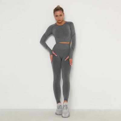 China Breathable deportiva de ropa d'ajustado d'Alta de cintura de fitness yoga de costuras de sin de mujer de Para de larga de Conjunto De 2 piezas de manga for sale