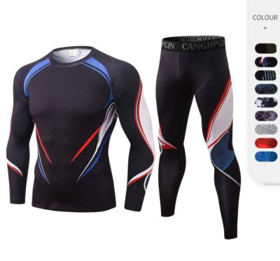 China 2021 Breathable Men's Gym Workout Suit Mens Running Activewear Training Long Sleeves T-Shirt And Gaiters 2 PCS Set for sale