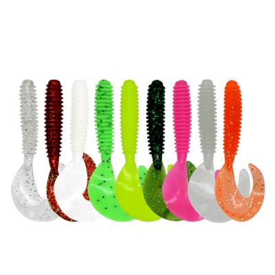 China PVC Lead Plastic 6cm Soft 2g 14pcs Thicken PVC Soft Plastic Worm Lure Fishing Reel Loop Tail Shad Fish Baits for sale