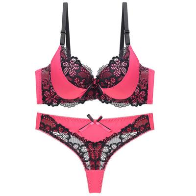 China New Breathable Underwire Ladies Gather Lace Underwear Panties Set Deep V Bow Breathable Lift Up Lace Women Bra Panties Set for sale