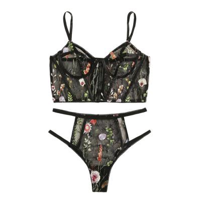 China Hot New Arrival Sexy Ladies See Through Lace Embroidered Underwear Floral Breathable Bra Set Women Bra And Panties Two Piece Sets for sale