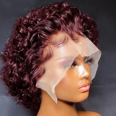 China Curly Bob Pixie Hair Front Wigs Curly Brazilian Virgin Hair Lace Front Wigs Pixie Cut Wigs Burgundy Color 13x4 Short For Woman for sale