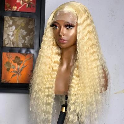 China Virgin Human Hair Glueless Lace Front Wigs Natural Hairline Deep Wave 613 Blonde Hair Wigs 13x4 HD Lace Front Wigs 613 Blonde for sale