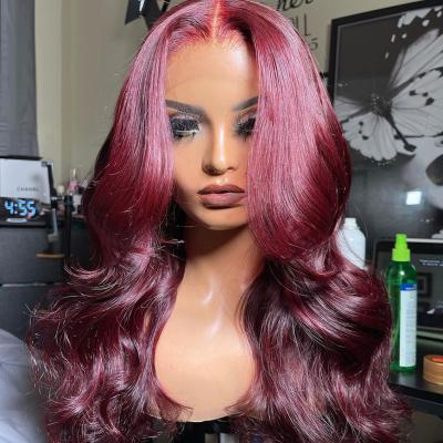 China Body Wave Burgundy Colored Lace Frontal Hair Wigs Pre Plucked Brazilian Virgin Hair Wigs 10-40 Inches Body Wave Wigs For Women for sale