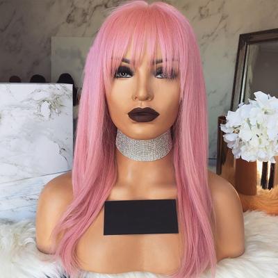 China Wigs With Bangs Pink Color Lace Front Human Hair Wigs With Bangs Pre Plucked Peruvian Virgin Hair Glueless Straight Wigs Bleached Knots for sale