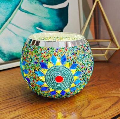 China Modern Fashionable Sunflower Pattern Handmade Glass Candle Jar With Mosaic Covering Applying To Wedding Home Decor for sale