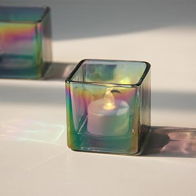 China Home Decoration 6*6cm Square Glass Candle Holder Tealight Colored Candle Electroplating Lamp for sale