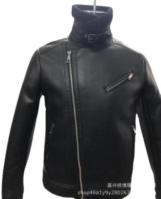 China Fashion Casual Thick Men's Shearling Polyester Stand Collar Motorcycle Long Sleeve 100% Leather Jacket for sale