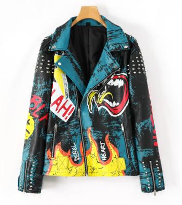 China Hot Sale New Arrival Custom Made PU Women Graffiti Leather Jacket Pakistani Men's Three Quarter Leather Motorcycle Plus Size Jacket for sale