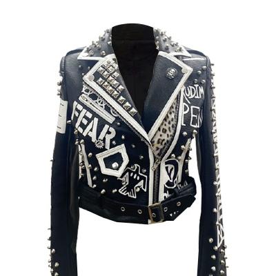 China New autumn and winter fashion waterproof graffiti leopard print studded women's leather jacket coat for sale