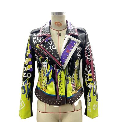 China QUICK DRY ladies slim zipper stylish graffiti leather jacket fashion punk studs print women'sJacket winter coat for sale