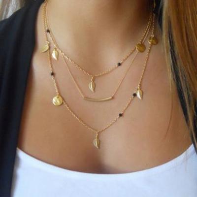 China FASHIONABLE hot selling European and American jewelry fashion black beads leaves necklace gold multilayer geometric necklace for sale