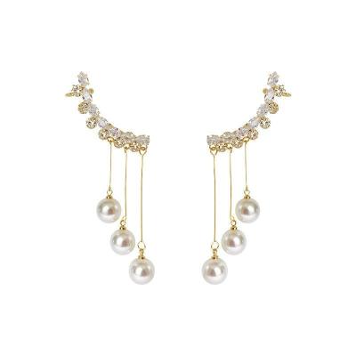 China S925Silver Cute Needle Design New Zircon Zircon Women's Long Earrings Light Luxury Ear Clip Online Refined Tassel Pearl Earrings for sale