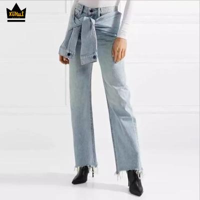 China Xuhui Factory Breathable Custom Loose Fit High Waist Snow Wash Denim Pants Long Sleeves Decorate Womens Wide Leg Jeans for sale