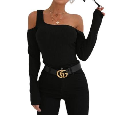 China Wholesale Breathable Sexy Clothes Briefs Long Sleeve Logo Strapless Short Women Knitwear Custom Shoulder Oblique Collar for sale