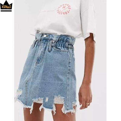 China Custom made sexy ripped ruched asymmetrical blue bodycon breathable high waist mini denim skirt plus a line skirt slim waist women jeans custom for sale