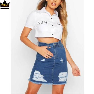 China Custom Made Tassel Breathable Plus Size A Shape Mini Skirt High Waist Ripped Sexy Short Women Fringed Streetwear Denim Lattice Skirts for sale