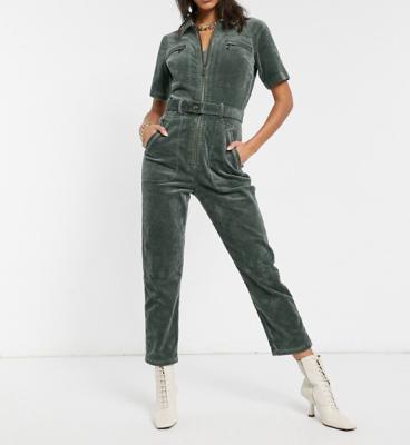 China Logo Women Stretch Corduroy Jumpsuits Customized Wholesale QUICK DRY in Dark Green Short Sleeve for sale