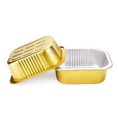 China Food Custom Shape Eco Friendly Recyclable Tin Foil Tray Pans Disposable Gold Color Aluminum Foil Containers for sale