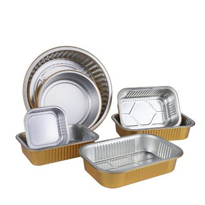 China Soft Disposable Eco-Friendly Heating Container Food Bowl Gold Rectangle Aluminum Foil Baking Trays With Sealing Lids for sale