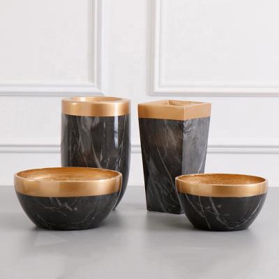 China Roman Style Black Marble Planter Pastoral Indoor Stone Vases With Gold Rim for sale