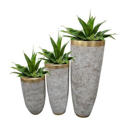 China Large Floor Gold Rim Fancy Fiberglass Marble Flower Pot Pastoral Home Decorative Vase For Leisure for sale