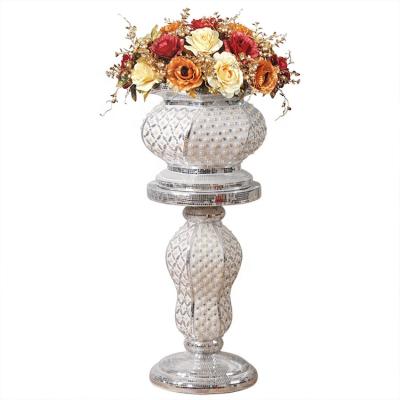 China Modern European Style Fiberglass Diamond Pearl White Vase With Column Stand Base Living Room Decorations for sale