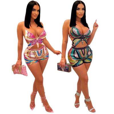 China 2022 Summer Ladies Breathable Sequined Backless Suit Nightclub Teams Sexy Backless Short Pants Sets Women Both Pieces for sale