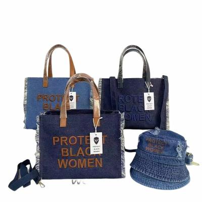 China 2022 Fashion Designer Famous Brands Ladies New Luxury Purses and Handbags Set Cross Body Letter Embroidered Denim Tote Bag With Hat Women for sale