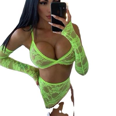 China Sexy Lingerie Mature Woman Highwaistsd 4 Pieces Sexy Lingerie Set Green Lace Up Transparent Underwear Lingerie Set With Long Sleeve Women for sale