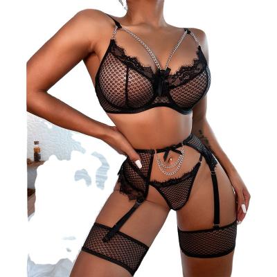 China 2022 sexy black transparent night wear sexy women lingerie lace up Mesh lace woman underwear set Lady Sexy Lingerie Bodysuits 2022 for sale