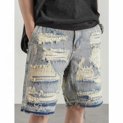 China OEM Anti Wrinkle Anti-Wrinkle FOG Patches Drop Shipping Mens Denim Heavy Distressed Ripped Short Stitched Jeans for sale