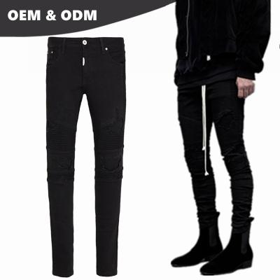 China New New OEM Own Brand Damaged Jeans For Men's Wholesale Price Model Black Biker Jeans New Motorcycle Pants 06 for sale