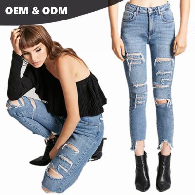 China Color Fade Proof Wholesale Distressed Distressed Women OEM Brand China Sharkbite Skinny Jeans 018 for sale