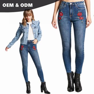 China Luxury Customized Floral Embroidered OEM Stretch Skinny Jeans 014 Color Fade Proof Rosa Embro Victorious Women's OEM Stretch Skinny Jeans for sale