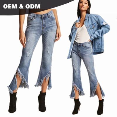 China Color Fade Proof Color Fade Proof OEM Xintang Manufacturing New Custom Style Apparel Puffed Split-Edge Capri Women's Distressed Jeans 009 Manufacturers for sale