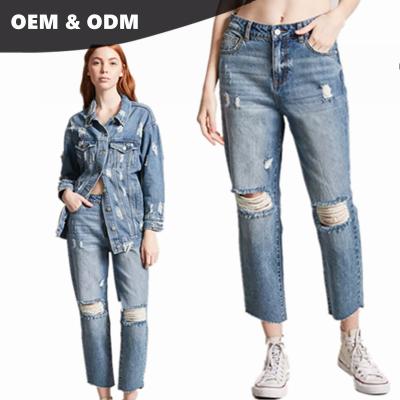 China Latest Color Fade Proof Color Fade Proof Design Production Line Pants Women Distressed Friend Jeans 036 for sale