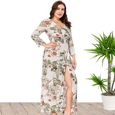 China New Arrival Anti-wrinkle V-Neck Sleeve Long Plus Size Maxi Floral Print Autumn Dress For Women for sale