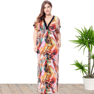 China New Fashion Anti-wrinkle V-Neck Short Sleeve Plus Size Floral Print Summer Bohemian Dress For Fat Women for sale