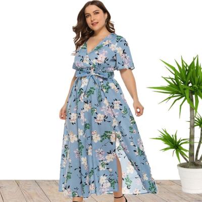 China 2021 New Arrival Anti-Wrinkle Dropshipping V Neck Short Sleeve Floral Print Plus Size Women Maxi Long Summer Dresses For Women for sale