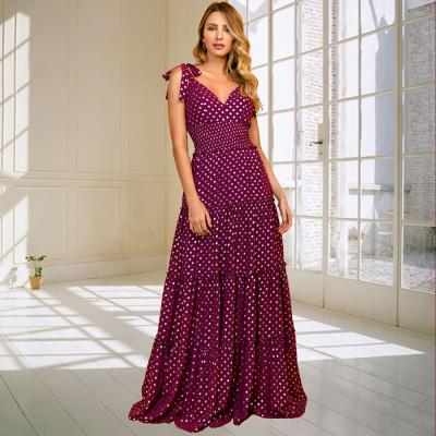 China Anti-wrinkle foreign trade plus size foreign trade polka dot V-neck suspender skirt big swing fit slim European and American new 2022 summer long dress for sale